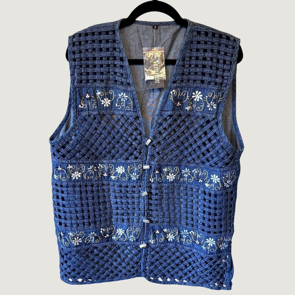 Simran Denim Vest Women Small Blue Floral Embroidered Lattice ‎ Boho Western